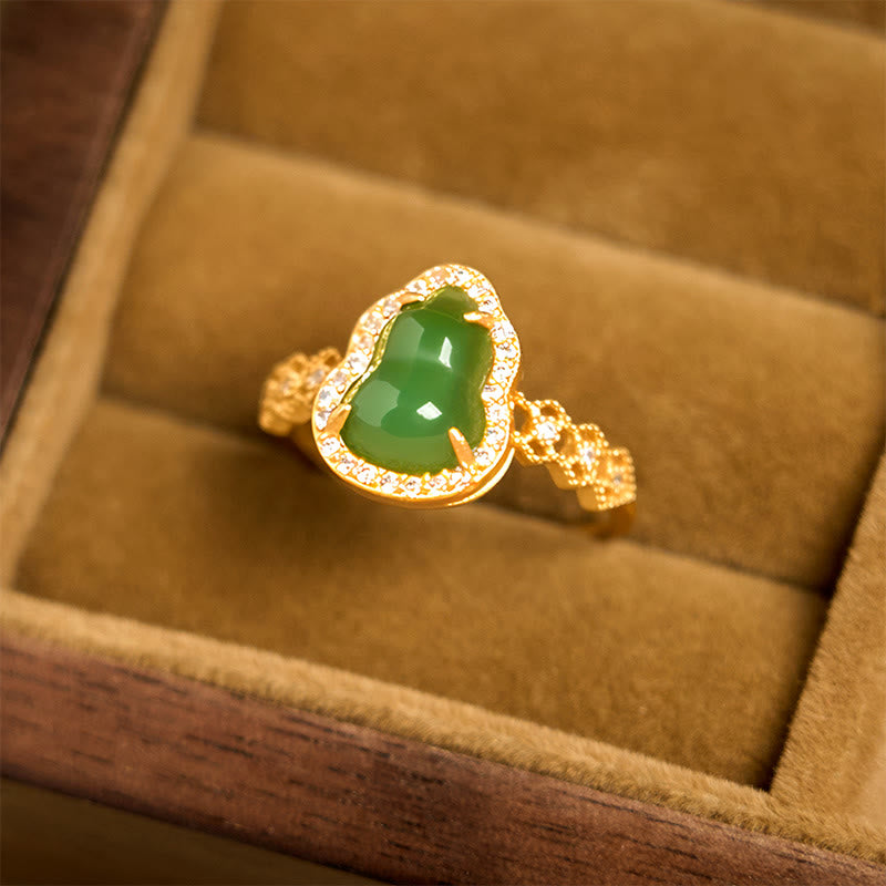Buddha Stones Vintage Gourd Green Chalcedony Copper Plated Gold Adjustable Wealth Ring - image 2