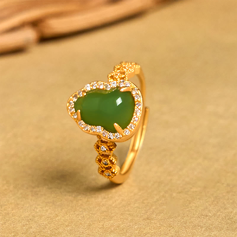 Buddha Stones Vintage Gourd Green Chalcedony Copper Plated Gold Adjustable Wealth Ring - image 4