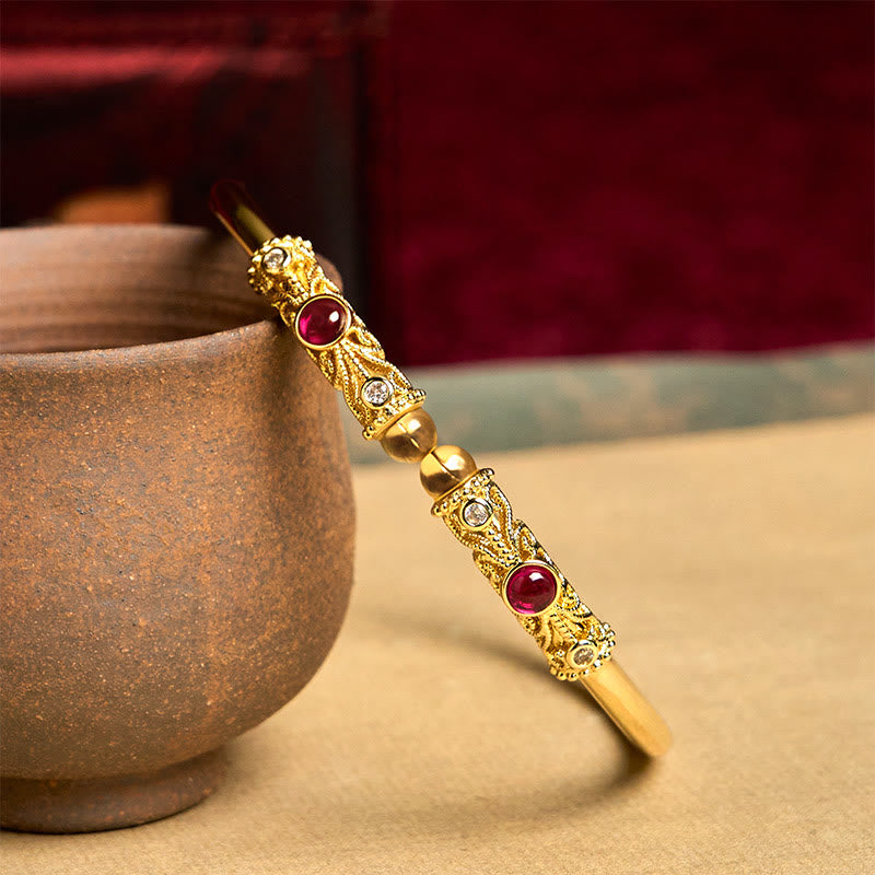 Buddha Stones Golden Flower Pattern Red Zircon Amber Copper Luck Cuff Bracelet Bangle - image 1