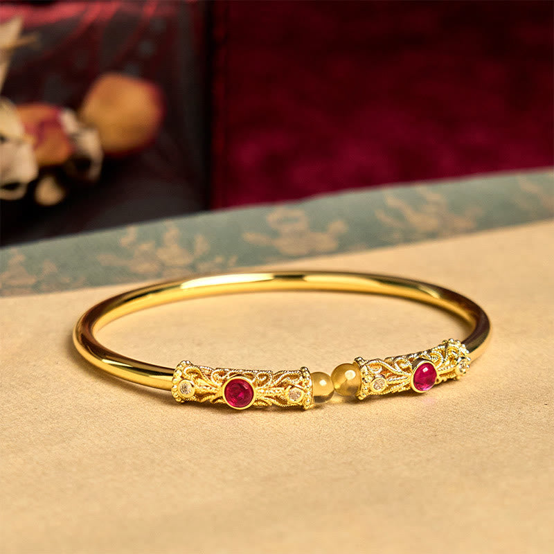 Buddha Stones Golden Flower Pattern Red Zircon Amber Copper Luck Cuff Bracelet Bangle - image 2