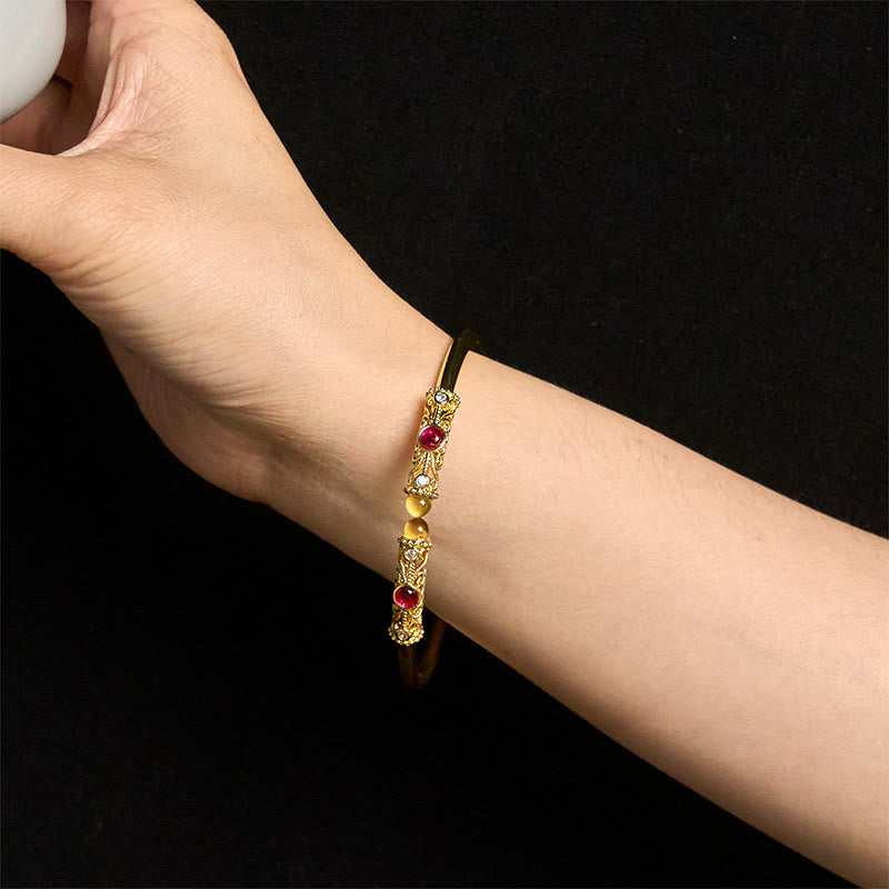 Buddha Stones Golden Flower Pattern Red Zircon Amber Copper Luck Cuff Bracelet Bangle - image 12