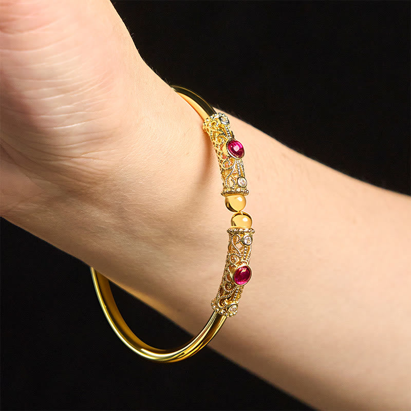 Buddha Stones Golden Flower Pattern Red Zircon Amber Copper Luck Cuff Bracelet Bangle - image 11