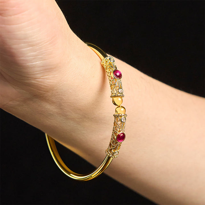 Buddha Stones Golden Flower Pattern Red Zircon Amber Copper Luck Cuff Bracelet Bangle - image 11