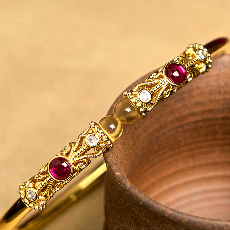 Buddha Stones Golden Flower Pattern Red Zircon Amber Copper Luck Cuff Bracelet Bangle - image 4