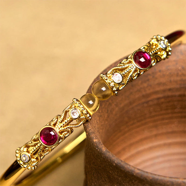 Buddha Stones Golden Flower Pattern Red Zircon Amber Copper Luck Cuff Bracelet Bangle - image 4