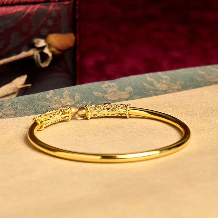 Buddha Stones Golden Flower Pattern Red Zircon Amber Copper Luck Cuff Bracelet Bangle - image 3