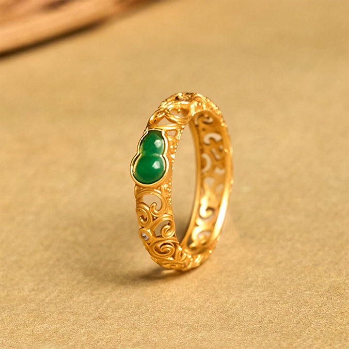 Buddha Stones Vintage Gourd Green Chalcedony Copper Alloy Wealth Ring - image 3