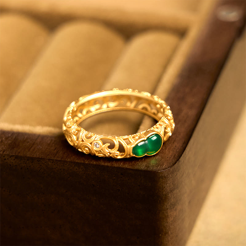 Buddha Stones Vintage Gourd Green Chalcedony Copper Alloy Wealth Ring - image 2
