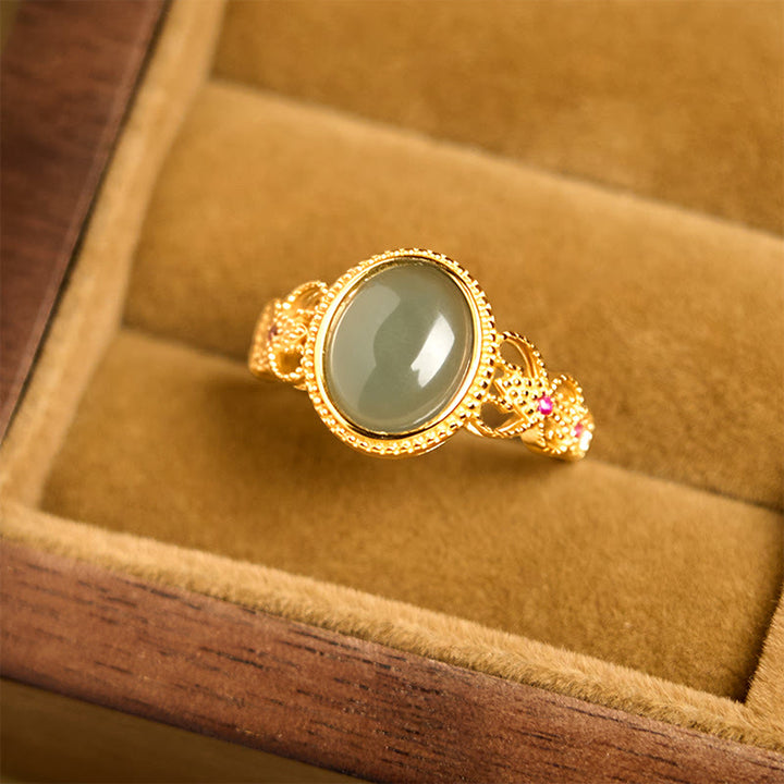 Buddha Stones Natural 925 Sterling Silver Plated Gold Hollow Design Jade Luck Ring - image 11