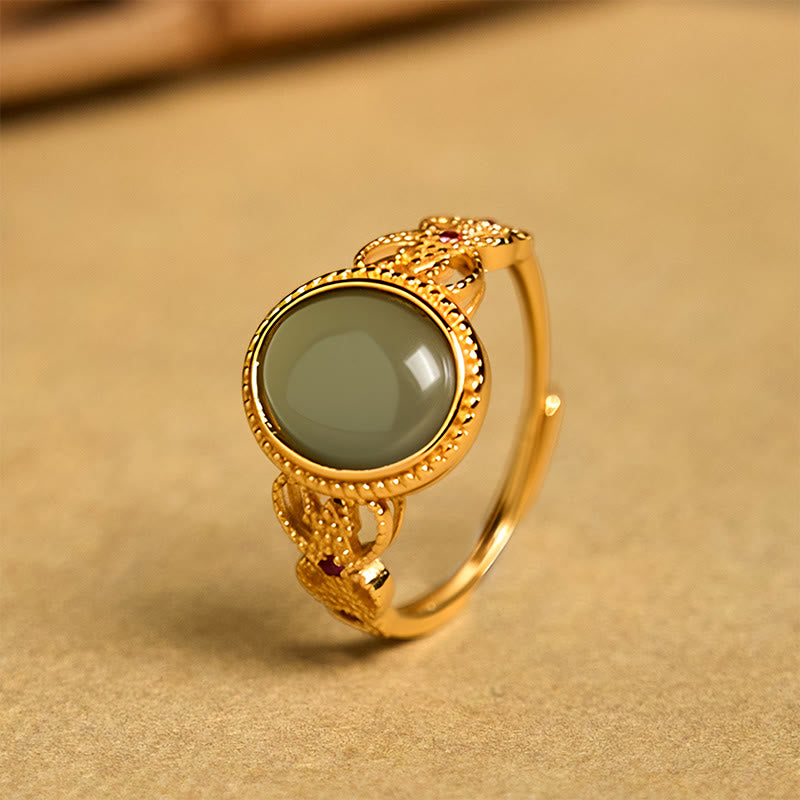 Buddha Stones Natural 925 Sterling Silver Plated Gold Hollow Design Jade Luck Ring - image 8