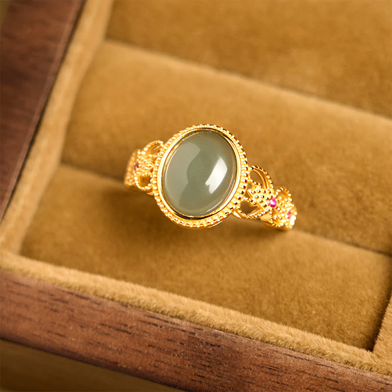 Buddha Stones Natural 925 Sterling Silver Plated Gold Hollow Design Jade Luck Ring - image 11