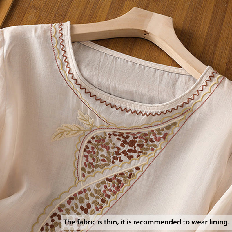 Buddha Stones Ethnic Embroidery Crew Neck Cotton Linen Pullover Clothing - image 2