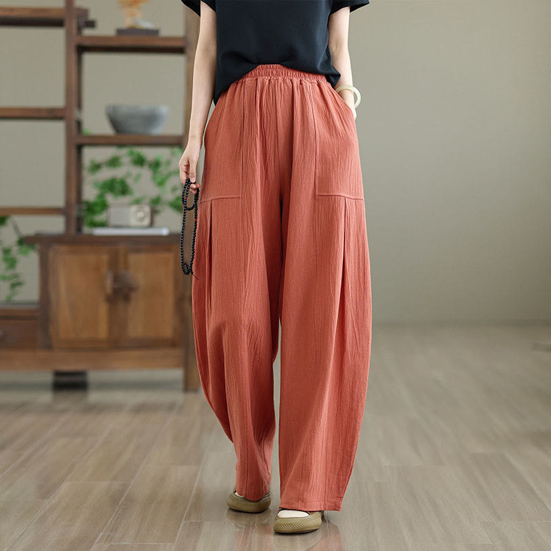 Buddha Stones Plain Pleated Design Ankle-Length Women's Cotton Linen Pants With Pockets - OrangeRed - US12，UK/AU16，EU44 (2XL) - image 0