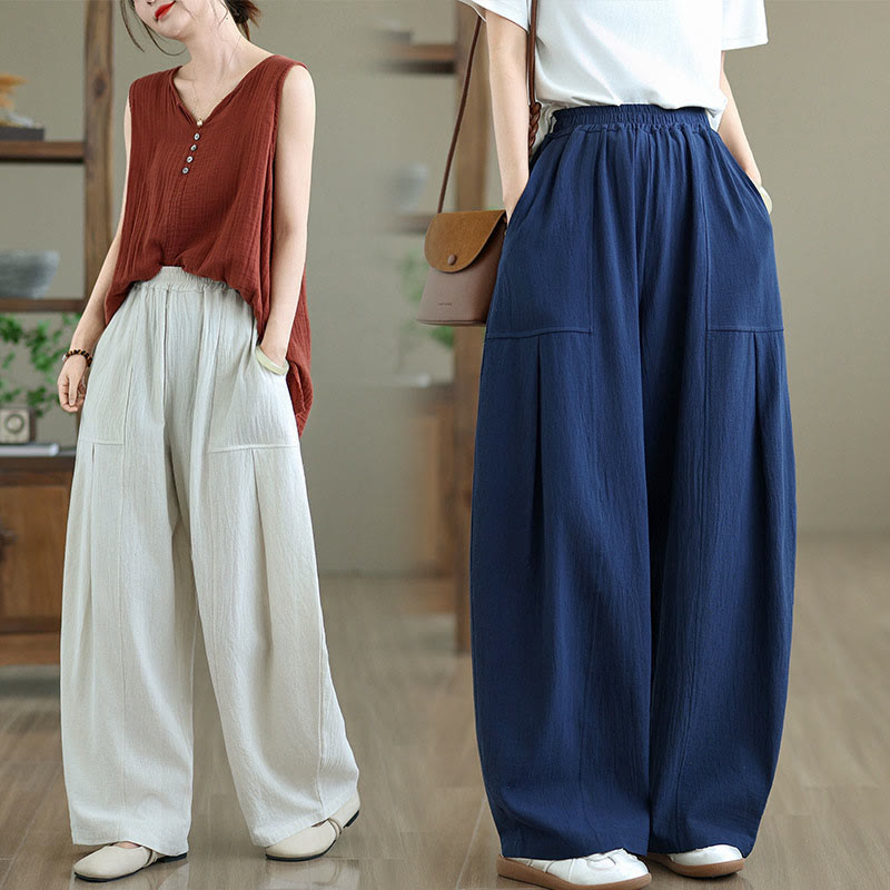 Buddha Stones Plain Pleated Design Ankle-Length Women's Cotton Linen Pants With Pockets - image 19