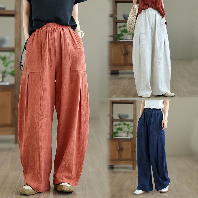 Buddha Stones Plain Pleated Design Ankle-Length Women's Cotton Linen Pants With Pockets - image 18