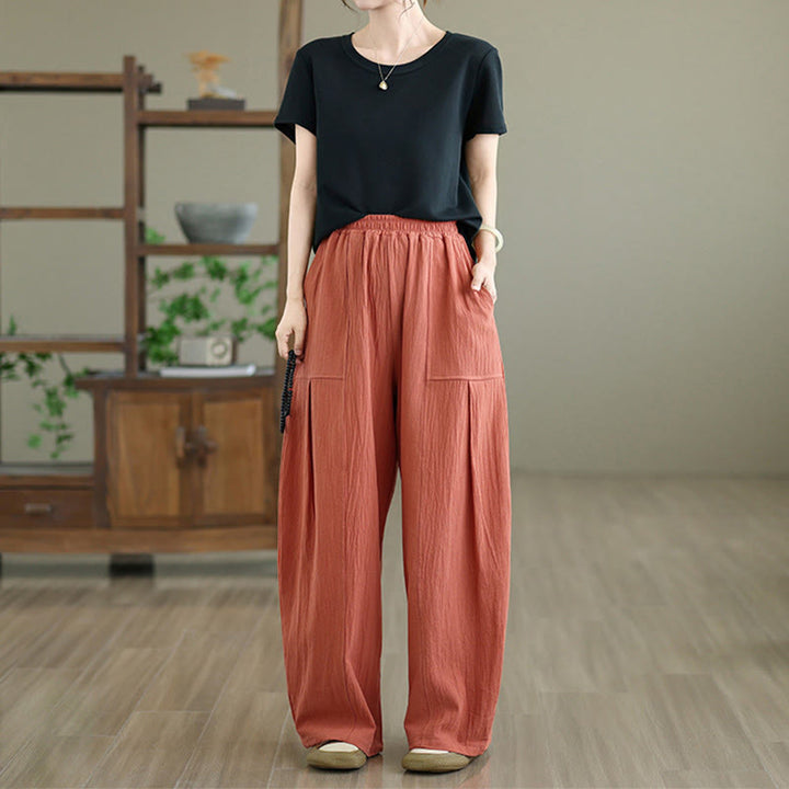 Buddha Stones Plain Pleated Design Ankle-Length Women's Cotton Linen Pants With Pockets - image 4