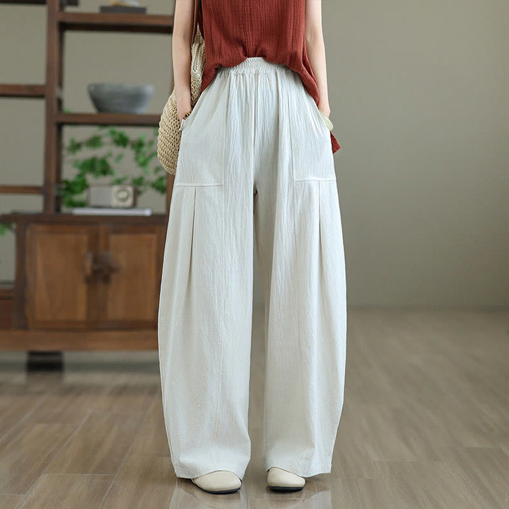 Buddha Stones Plain Pleated Design Ankle-Length Women's Cotton Linen Pants With Pockets - image 8