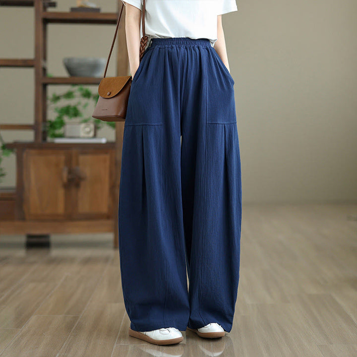 Buddha Stones Plain Pleated Design Ankle-Length Women's Cotton Linen Pants With Pockets - MidnightBlue - US12，UK/AU16，EU44 (2XL) - image 13