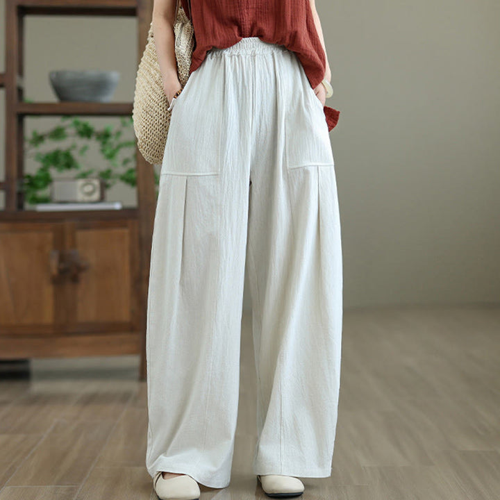 Buddha Stones Plain Pleated Design Ankle-Length Women's Cotton Linen Pants With Pockets - image 11