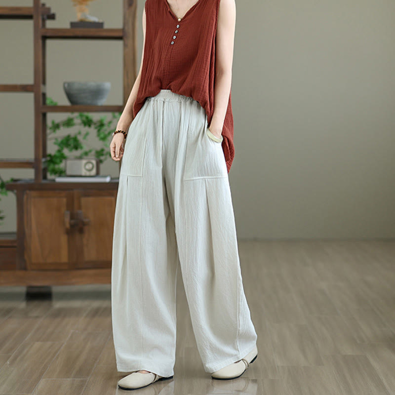 Buddha Stones Plain Pleated Design Ankle-Length Women's Cotton Linen Pants With Pockets - image 12