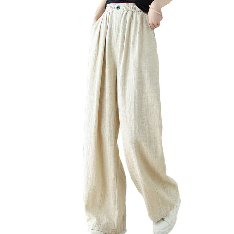Buddha Stones Commute Button Design Women's Cotton Linen Elastic Waistband Pants With Pockets - image 16