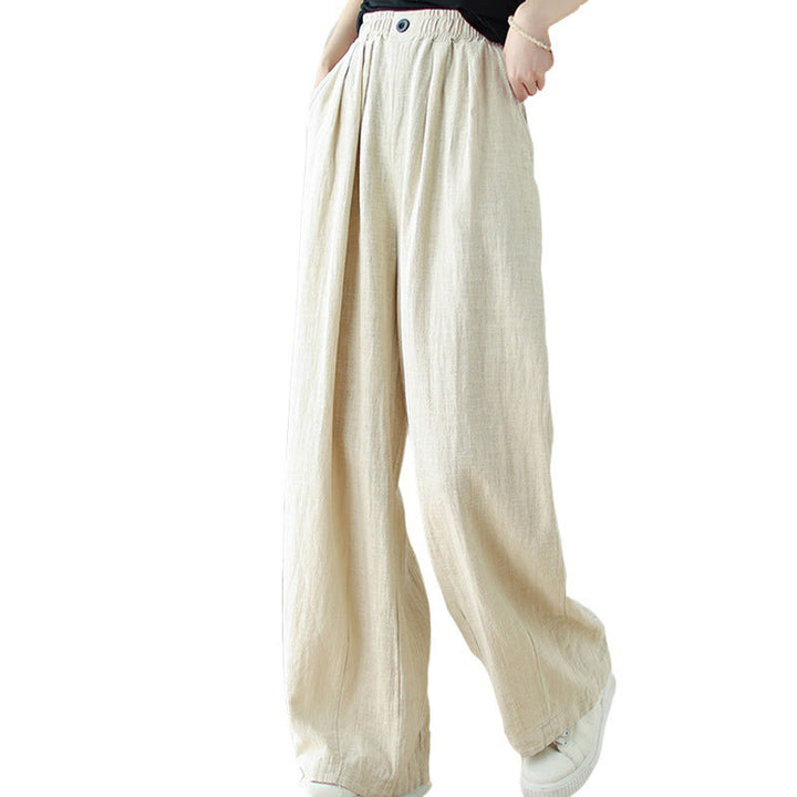 Buddha Stones Commute Button Design Women's Cotton Linen Elastic Waistband Pants With Pockets - image 16