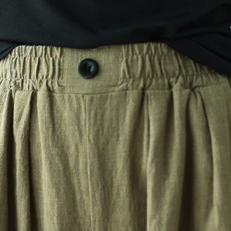 Buddha Stones Commute Button Design Women's Cotton Linen Elastic Waistband Pants With Pockets - image 7
