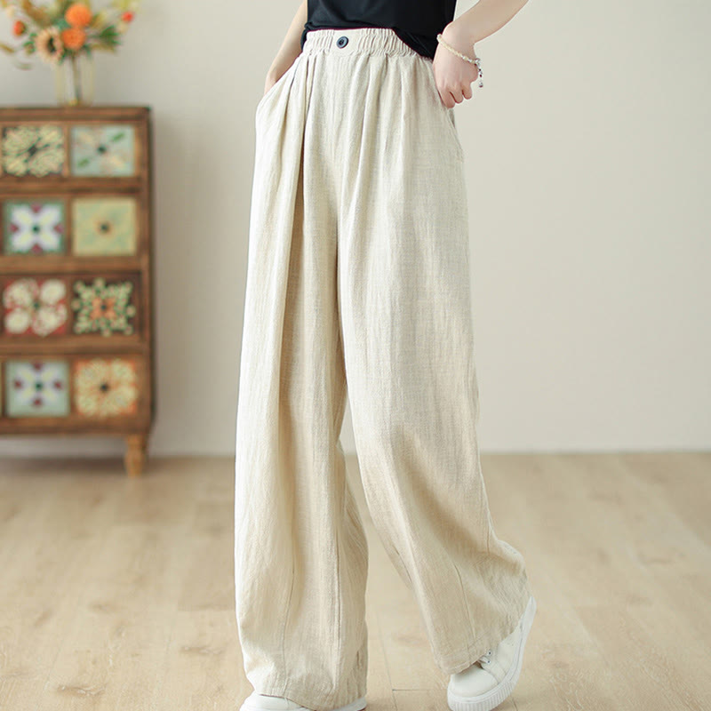 Buddha Stones Commute Button Design Women's Cotton Linen Elastic Waistband Pants With Pockets - image 13