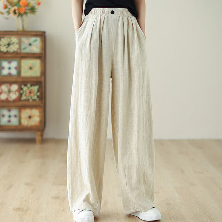 Buddha Stones Commute Button Design Women's Cotton Linen Elastic Waistband Pants With Pockets - Beige - US12，UK/AU16，EU44 (3XL) - image 11