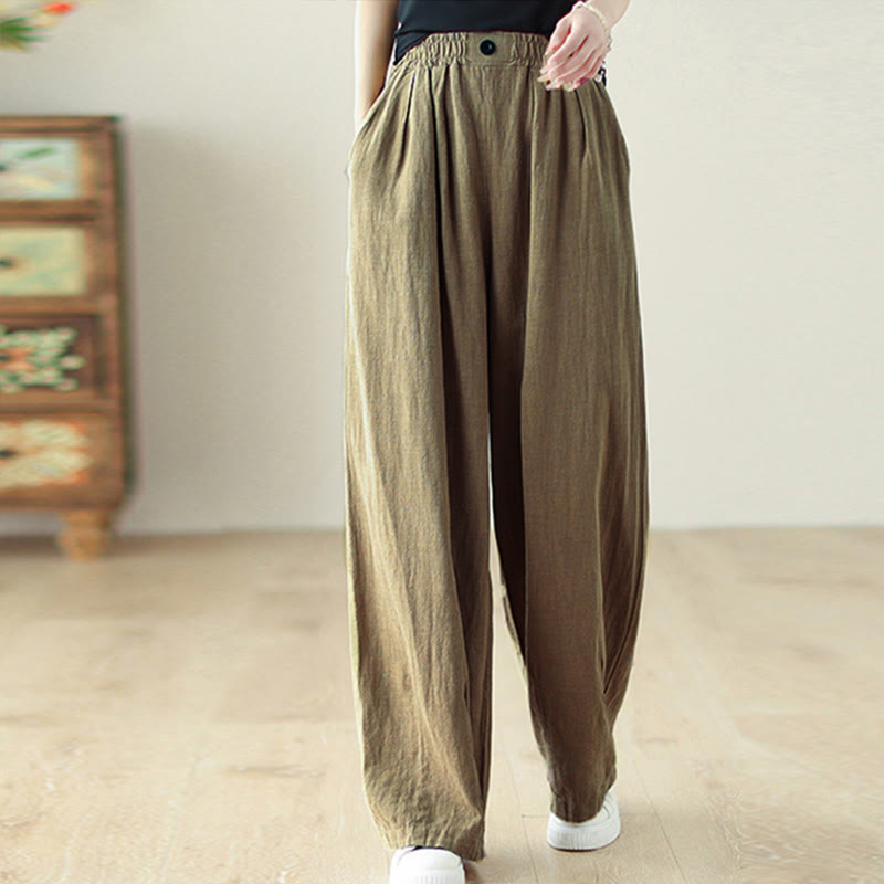 Buddha Stones Commute Button Design Women's Cotton Linen Elastic Waistband Pants With Pockets - DarkKhaki - US12，UK/AU16，EU44 (3XL) - image 0