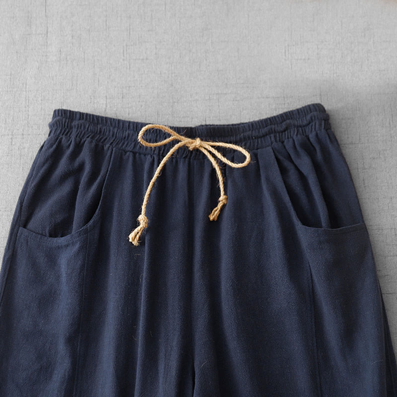 Buddha Stones Casual Pure Color Drawstring Simple Design Women's Cotton Pants With Pockets - image 1