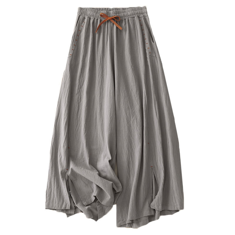 Buddha Stones Casual Side Slits Design Cotton Linen Women's Wide Leg 7-8 Length Pants With Pockets - image 14