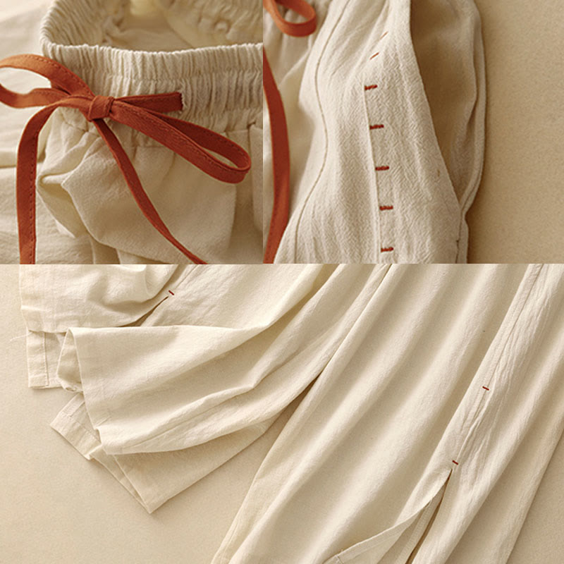 Buddha Stones Casual Side Slits Design Cotton Linen Women's Wide Leg 7-8 Length Pants With Pockets - image 9