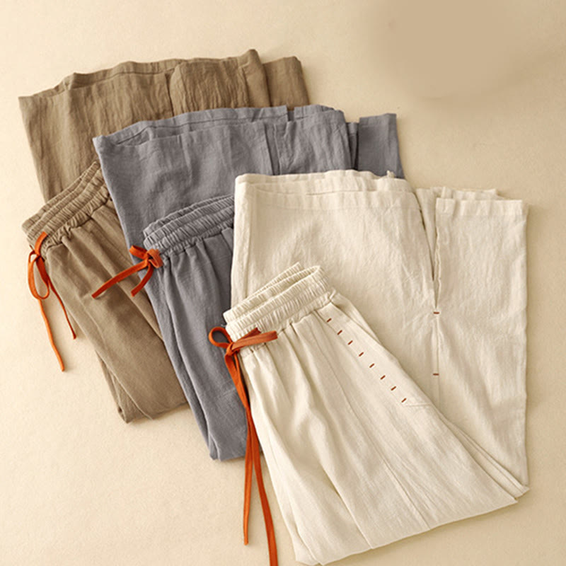 Buddha Stones Casual Side Slits Design Cotton Linen Women's Wide Leg 7-8 Length Pants With Pockets - image 16