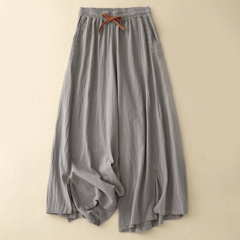 Buddha Stones Casual Side Slits Design Cotton Linen Women's Wide Leg 7-8 Length Pants With Pockets - DarkGray - US8-10，UK/AU12-14，EU40-42 (2XL) - image 10
