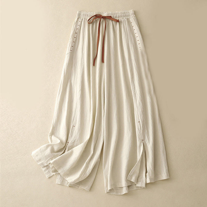 Buddha Stones Casual Side Slits Design Cotton Women's Wide Leg 7-8 Length Pants With Pockets - Cornsilk - US8-10，UK/AU12-14，EU40-42 (2XL) - image 3