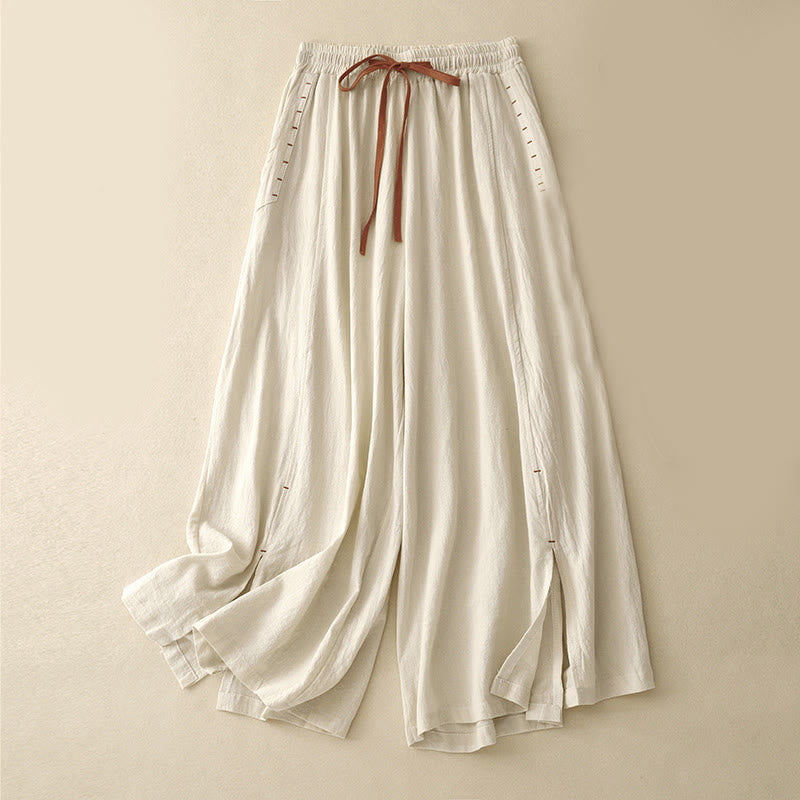 Buddha Stones Casual Side Slits Design Cotton Women's Wide Leg 7-8 Length Pants With Pockets - Cornsilk - US8-10，UK/AU12-14，EU40-42 (2XL) - image 3