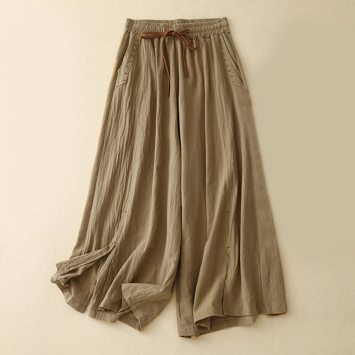 Buddha Stones Casual Side Slits Design Cotton Linen Women's Wide Leg 7-8 Length Pants With Pockets - DarkGoldenrod - US8-10，UK/AU12-14，EU40-42 (2XL) - image 0