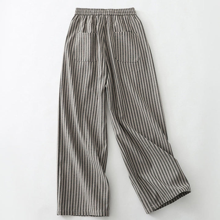 Buddha Stones Commute Striped Drawstring Design Women's Wide Leg Cotton Pants With Pockets - image 13