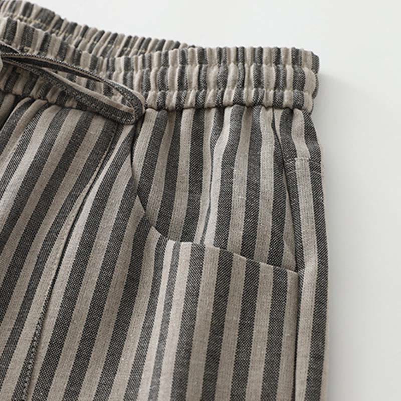 Buddha Stones Commute Striped Drawstring Design Women's Wide Leg Cotton Pants With Pockets - image 10