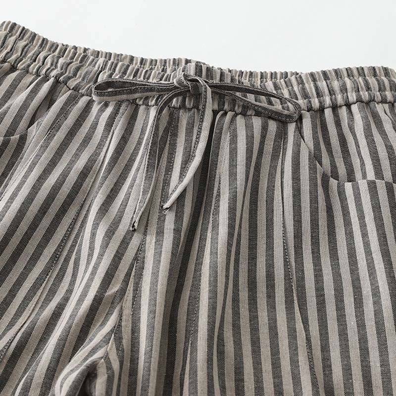 Buddha Stones Commute Striped Drawstring Design Women's Wide Leg Cotton Pants With Pockets - image 7