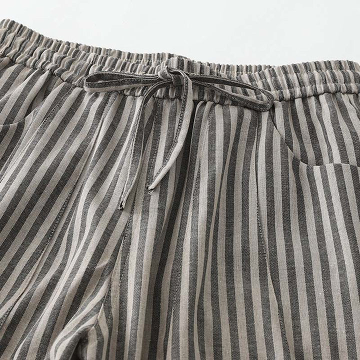 Buddha Stones Commute Striped Drawstring Design Women's Wide Leg Cotton Pants With Pockets - image 7