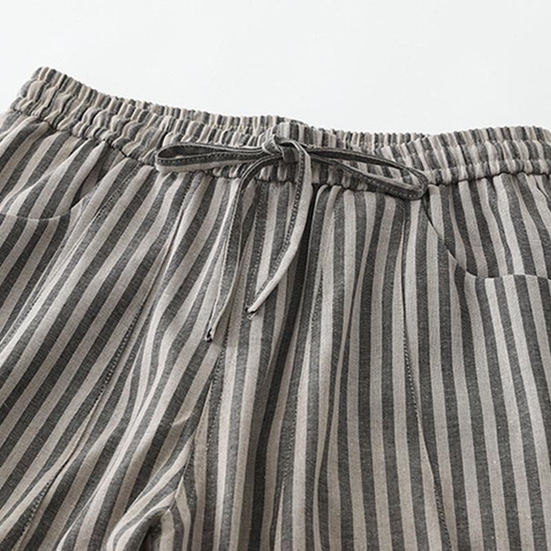 Buddha Stones Commute Striped Drawstring Design Women's Wide Leg Cotton Pants With Pockets - image 6