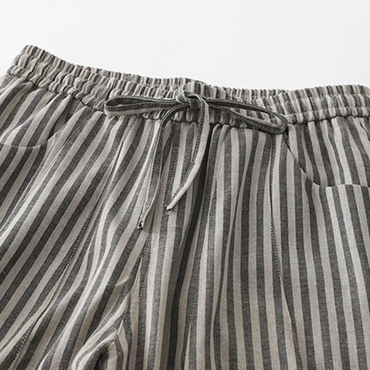 Buddha Stones Commute Striped Drawstring Design Women's Wide Leg Cotton Pants With Pockets - image 6