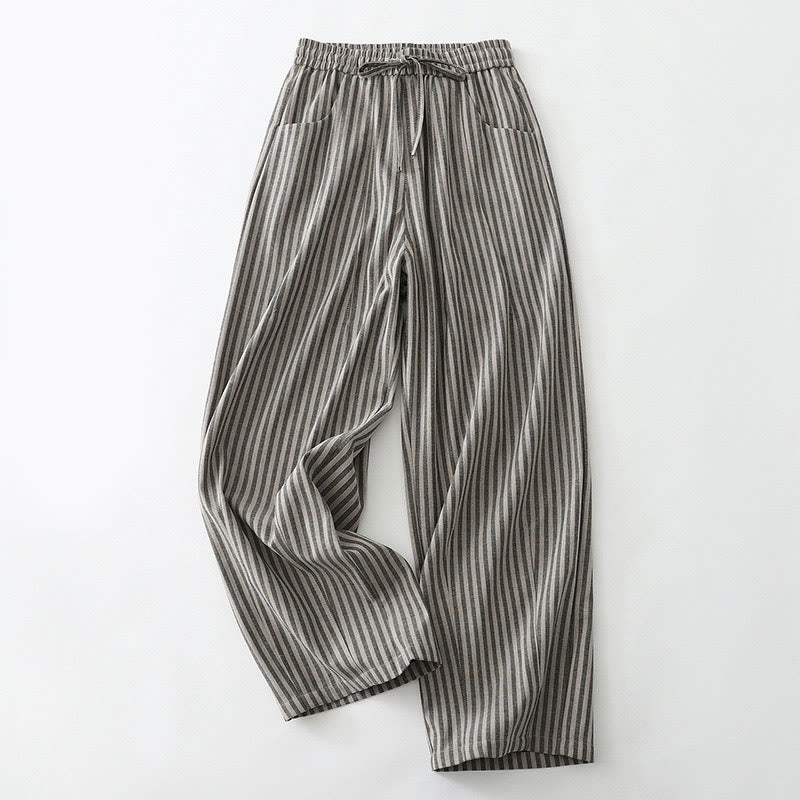 Buddha Stones Commute Striped Drawstring Design Women's Wide Leg Cotton Pants With Pockets - DarkGray - US8-10，UK/AU12-14，EU40-42 (2XL) - image 5