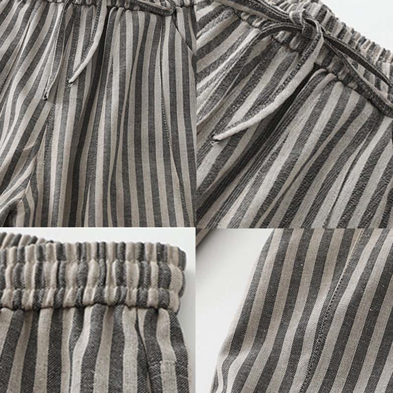 Buddha Stones Commute Striped Drawstring Design Women's Wide Leg Cotton Pants With Pockets - image 14