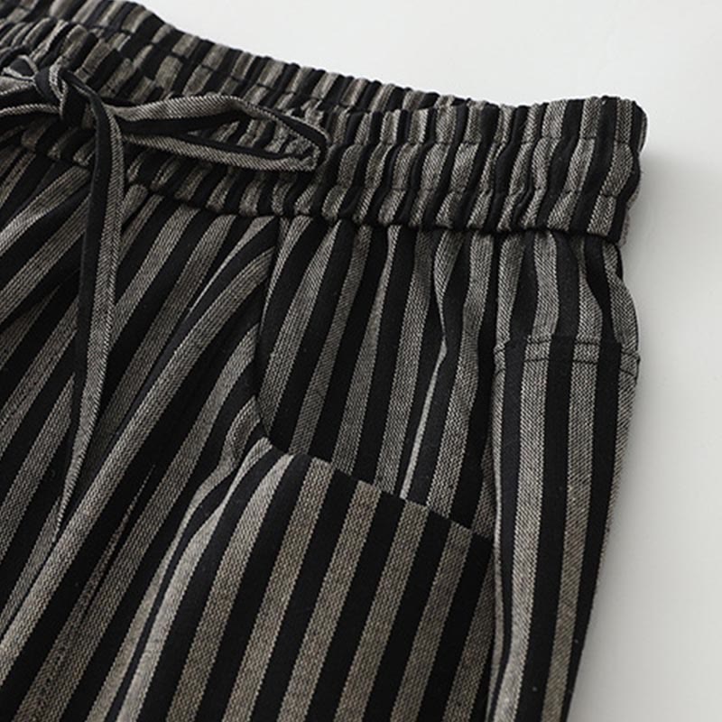 Buddha Stones Commute Striped Drawstring Design Women's Wide Leg Cotton Pants With Pockets - image 2