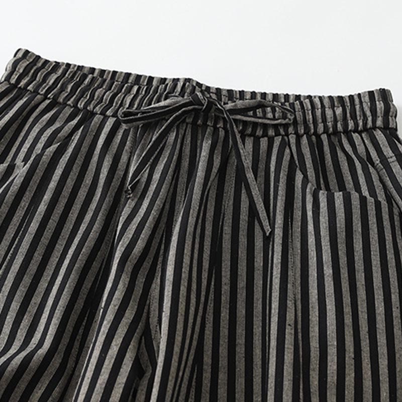 Buddha Stones Commute Striped Drawstring Design Women's Wide Leg Cotton Pants With Pockets - image 1