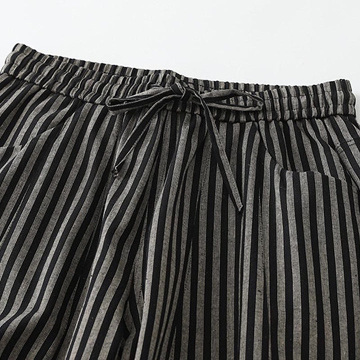 Buddha Stones Commute Striped Drawstring Design Women's Wide Leg Cotton Pants With Pockets - image 1