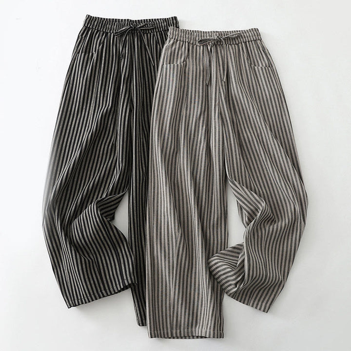 Buddha Stones Commute Striped Drawstring Design Women's Wide Leg Cotton Pants With Pockets - image 15